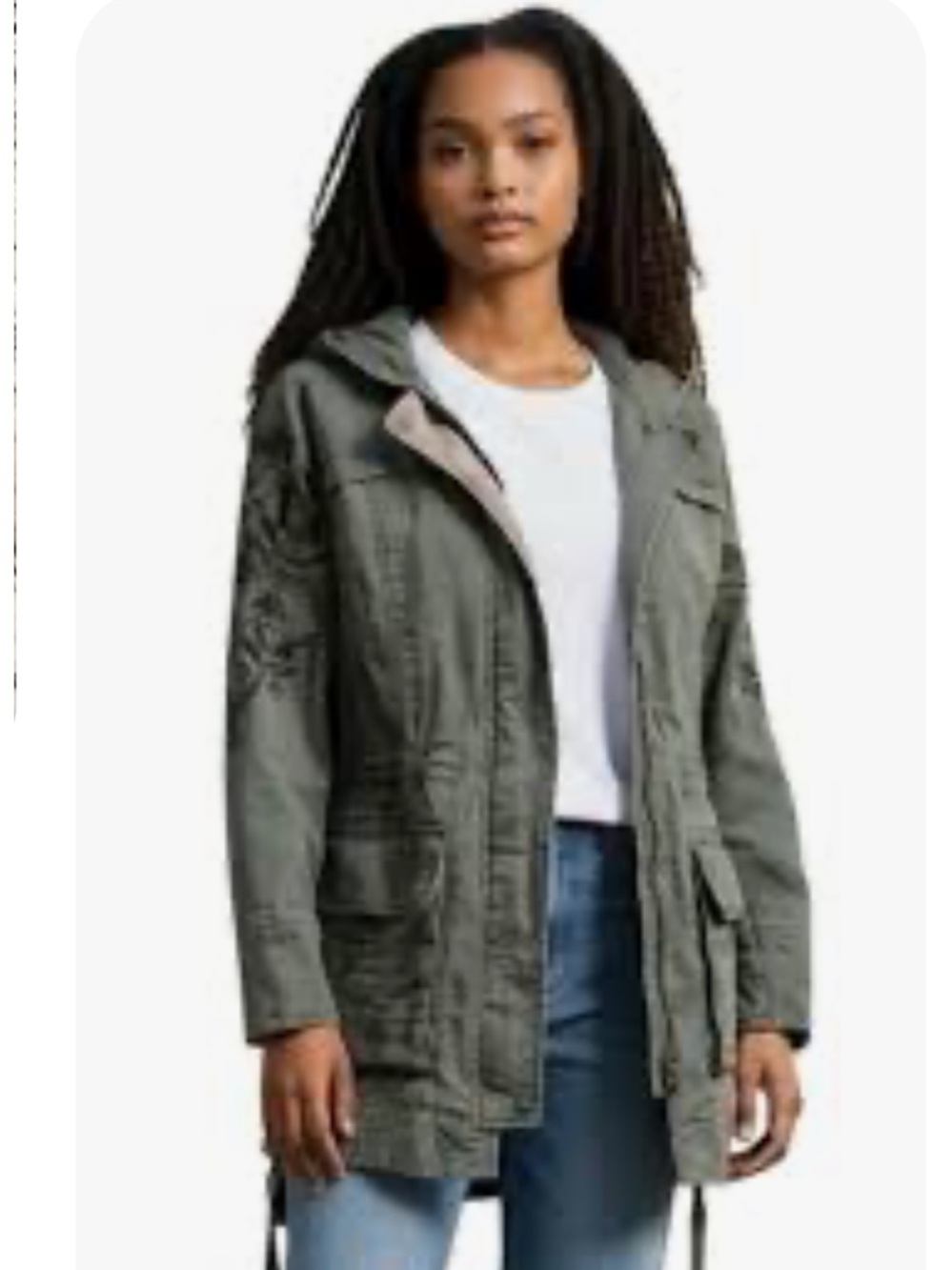 Monoreno Army Green  Hooded Utility Jacket with Embroidered Sleeves size Medium